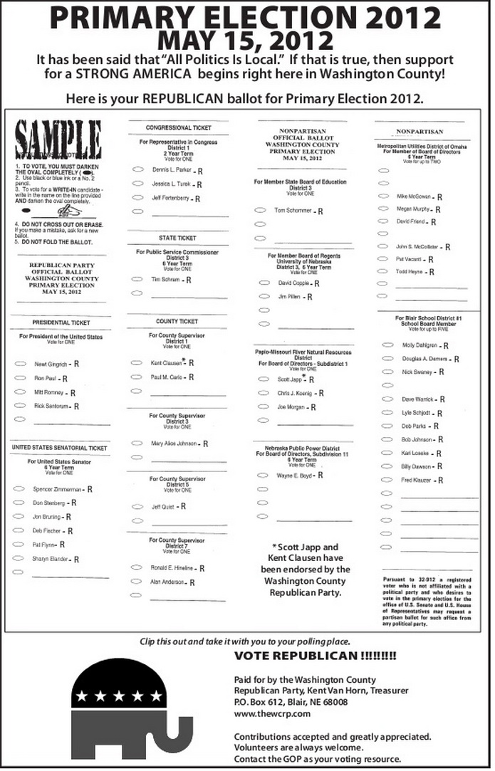 2012 Primary GOP Sample Ballot for Washington County Washington